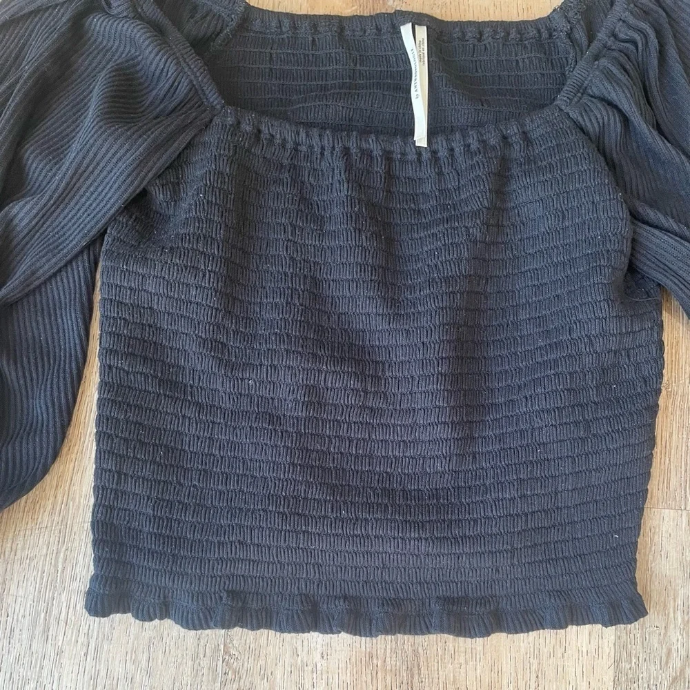 Anthropologie Smocked Square Neck Puff Sleeve Top Black Textured Size Small